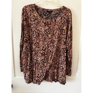 Lucky Brand 3X Top Tunic Shirt Floral Blue Gold Burgundy Boho Peasant LagenLook